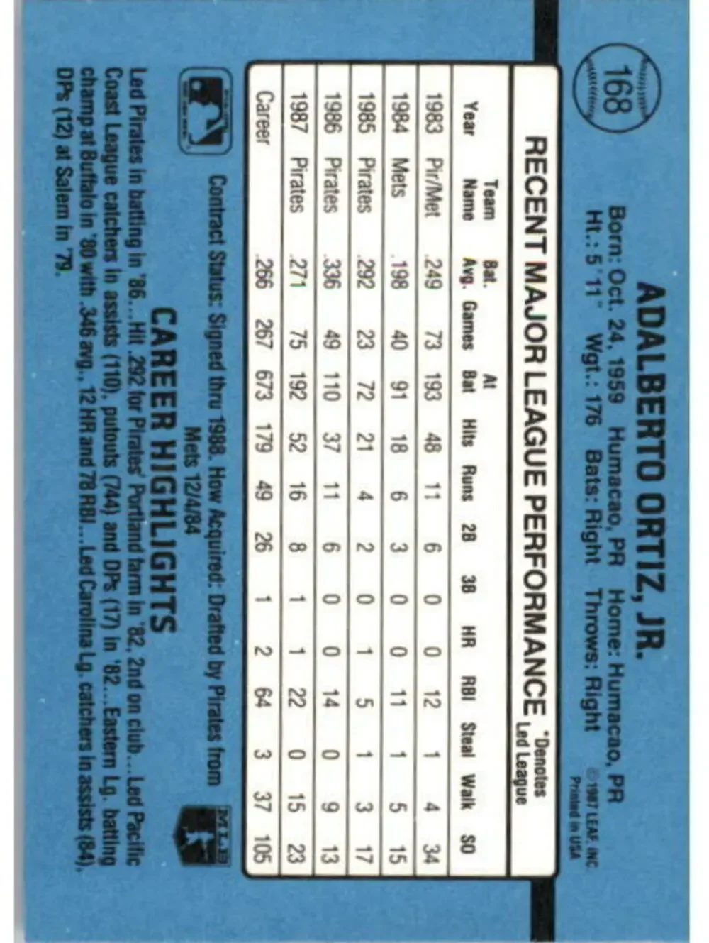 1988 Junior Ortiz Donruss Baseball Card #168